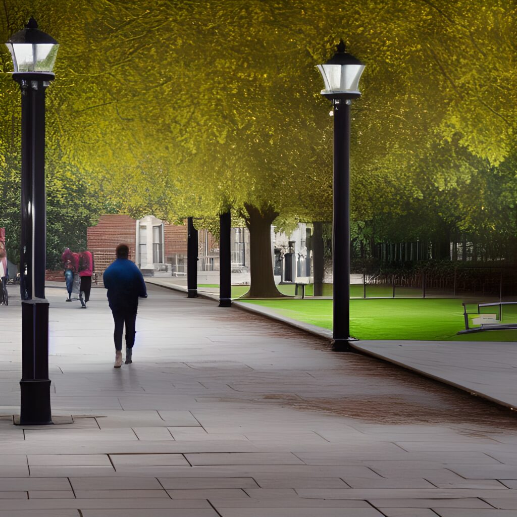 illustration of person walking on tree-lines walkway in Ivy League campus colorful trees