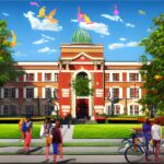 illustration of college campus building with colorful trees and birds